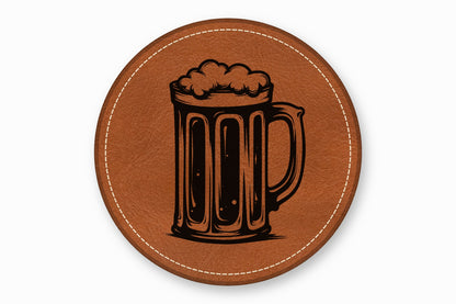 Round brown leather coaster featuring a stitched border and a black engraved beer mug graphic.