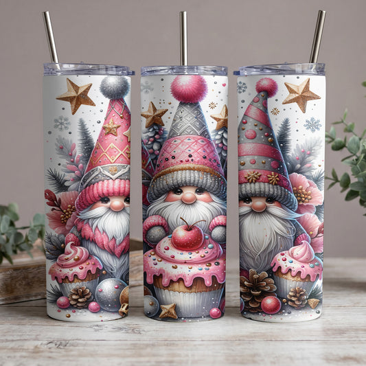Three tumblers featuring gnomes, cupcakes, pinecones, and festive decor.