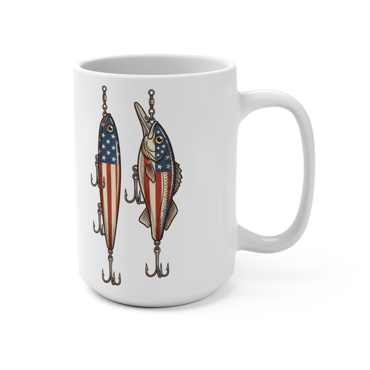 White mug featuring two fishing lures decorated with the American flag design.