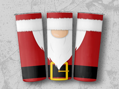 Three tumblers decorated with a Santa Claus suit design, including red coat and white beard.