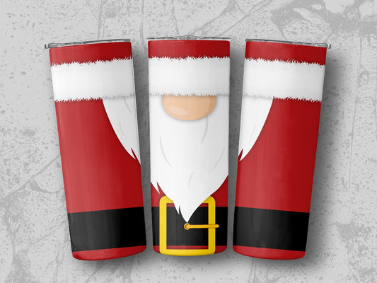Three tumblers decorated with a Santa Claus suit design, including red coat and white beard.
