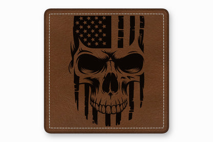 Brown leather patch featuring a black engraved skull blended with an American flag design.