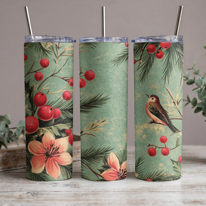 Three tumblers with a vintage floral, berry, and bird pattern.