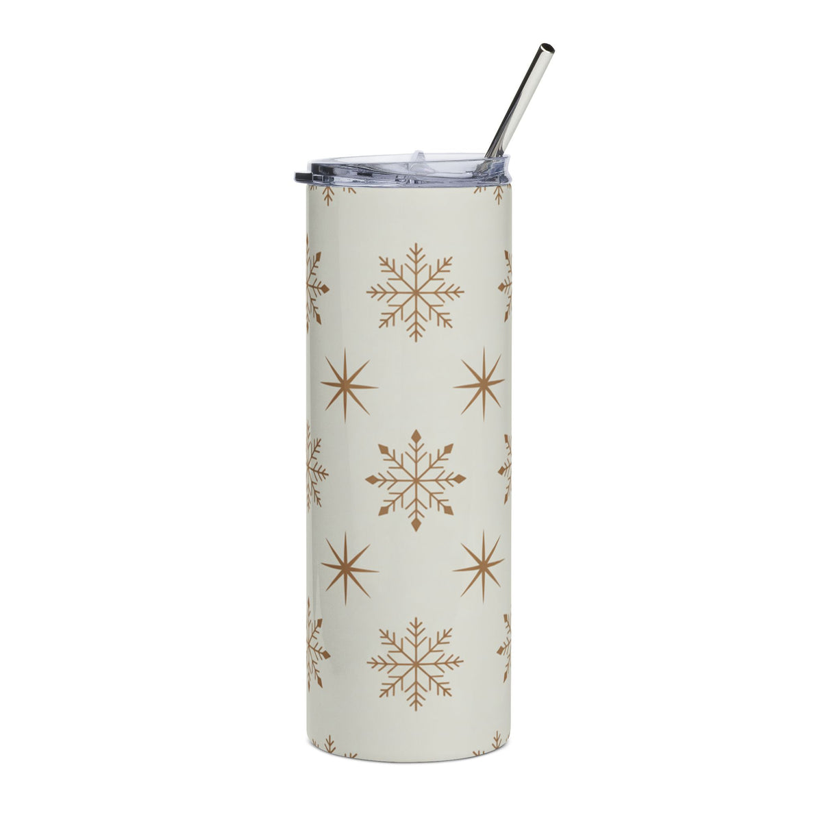 Tall tumbler with snowflake and star pattern and a metal straw.