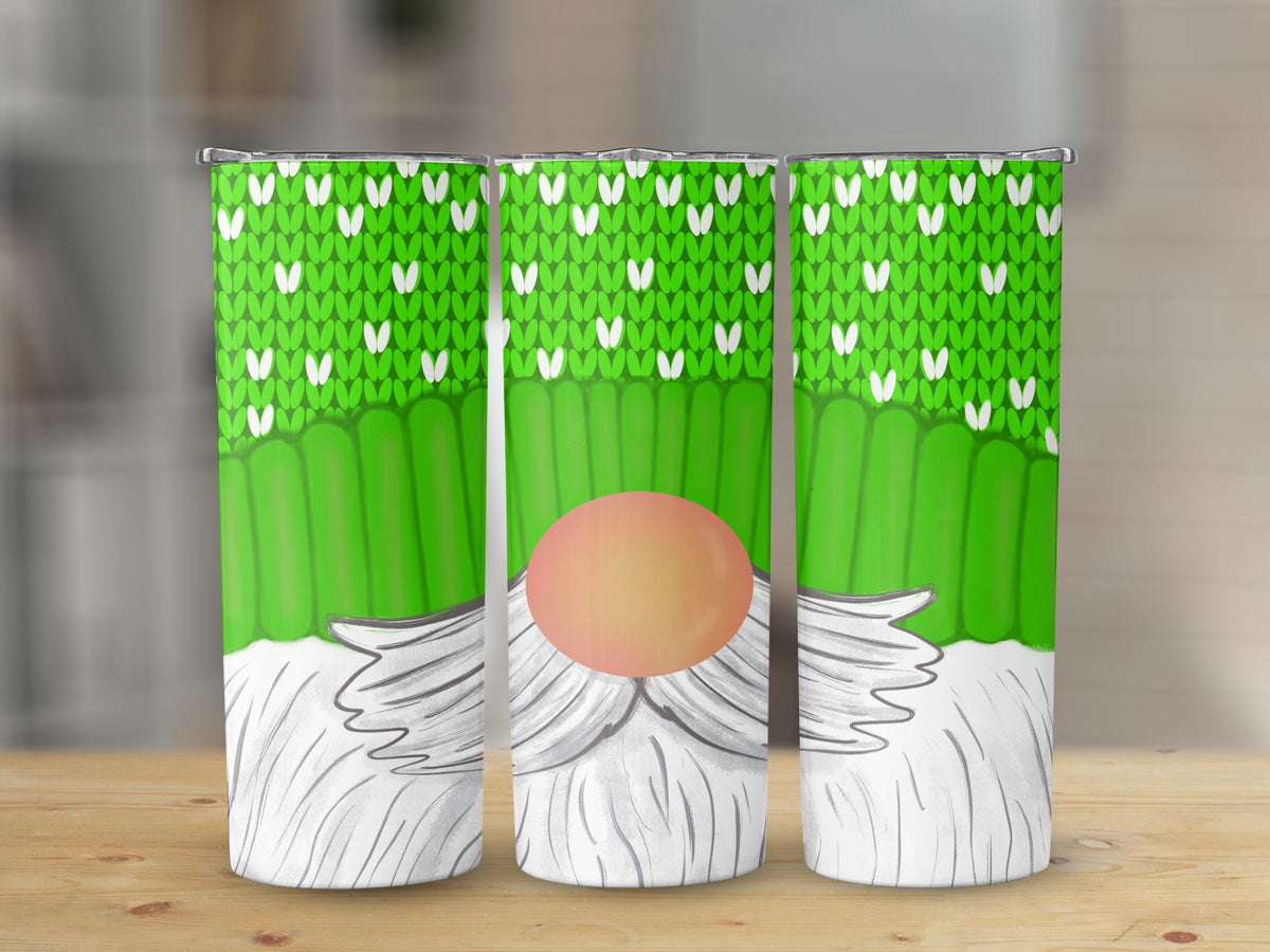 Three tumblers with green knitted pattern and gnome design.