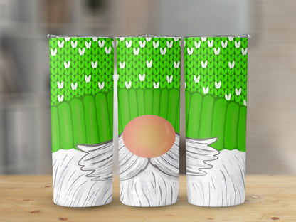 Three tumblers with green knitted pattern and gnome design.