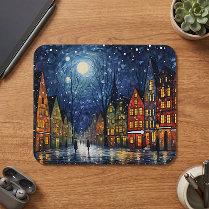 Winter scene painting of a street with colorful buildings under a moonlit, snowy sky.