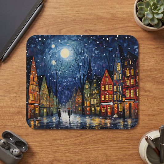 Winter scene painting of a street with colorful buildings under a moonlit, snowy sky.