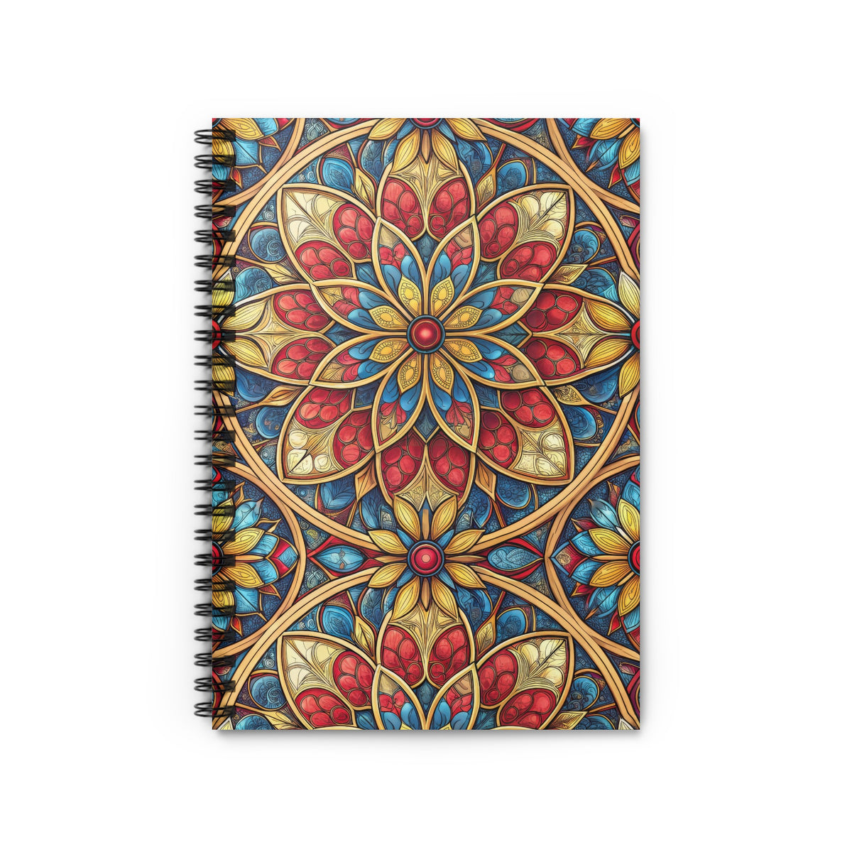 Spiral bound notebook with stained glass floral pattern in red, blue, and gold.
