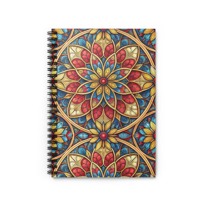Spiral bound notebook with stained glass floral pattern in red, blue, and gold.