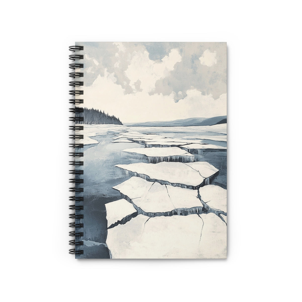 Spiral notebook with painting of cracked ice on a lake and distant treeline.