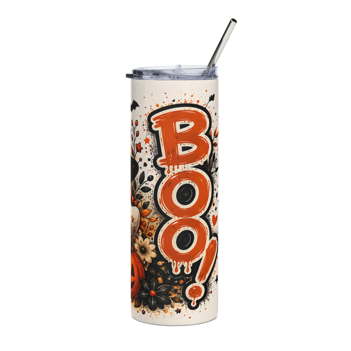Tall tumbler with Halloween design featuring the word "Boo" and floral accents.