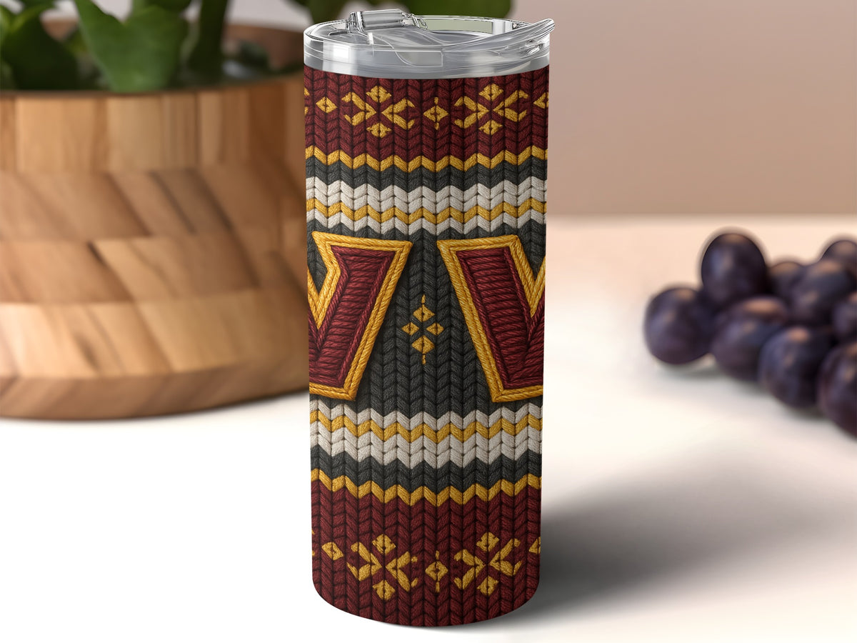 Washington Commanders tumbler with red, gold, and gray knit pattern.