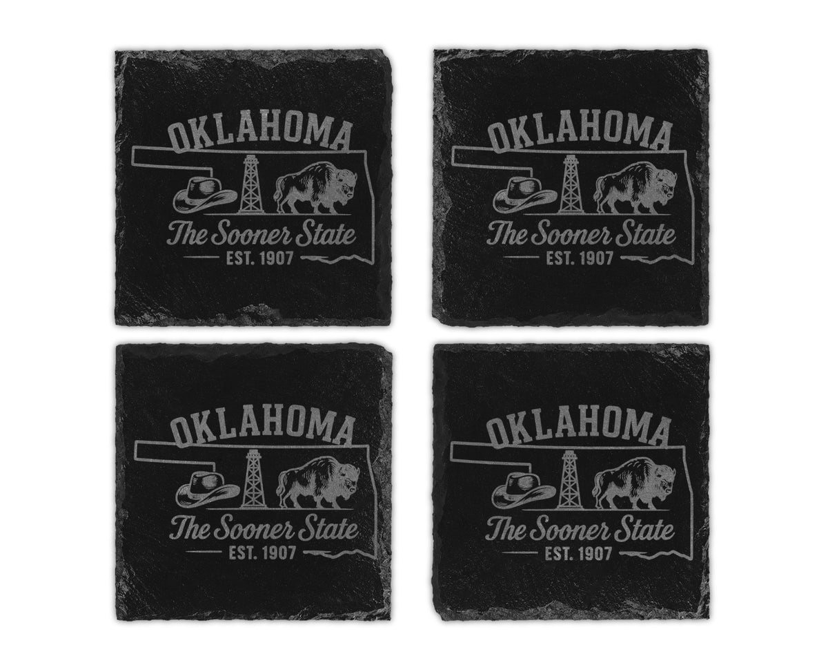Four slate coasters with Oklahoma outline, hat, oil derrick, buffalo, and "The Sooner State EST. 1907".