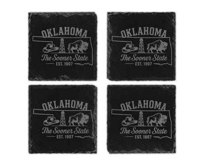 Four slate coasters with Oklahoma outline, hat, oil derrick, buffalo, and "The Sooner State EST. 1907".