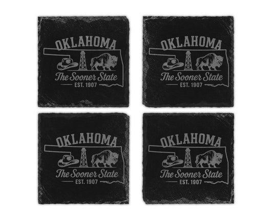 Four slate coasters with Oklahoma outline, hat, oil derrick, buffalo, and "The Sooner State EST. 1907".