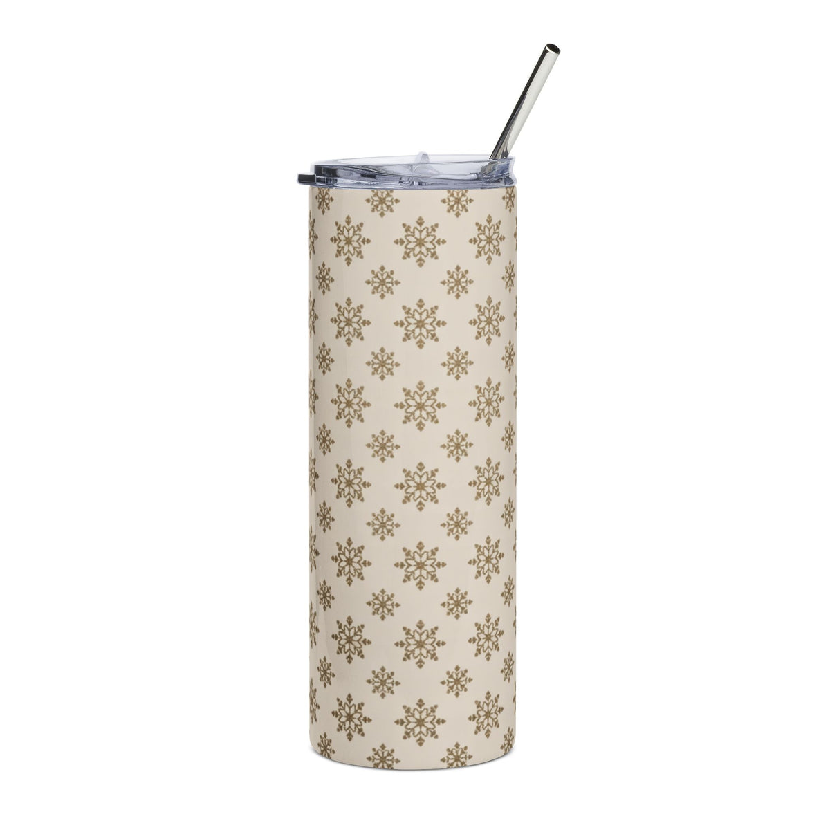 Beige tumbler with a repeating gold snowflake pattern and a silver straw.