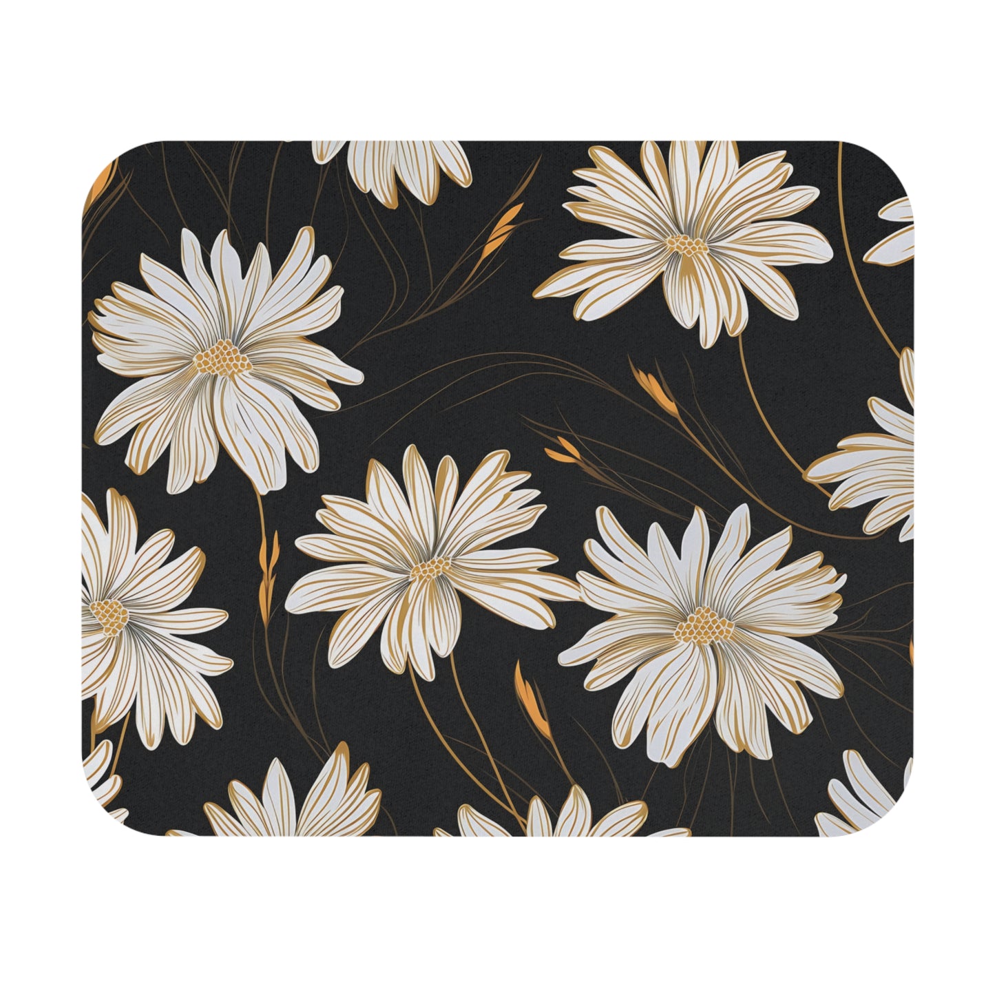 White and gold stylized daisies on a textured black background.