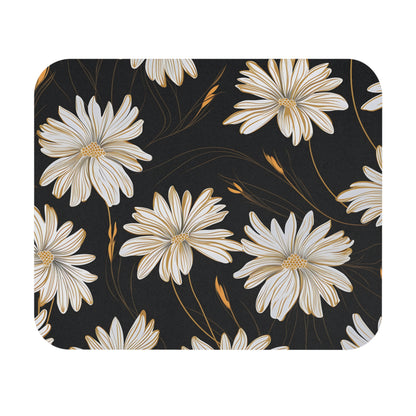 White and gold stylized daisies on a textured black background.
