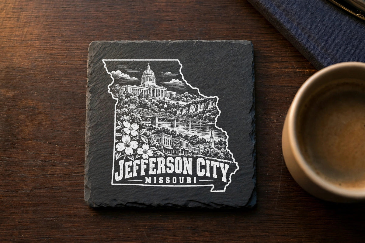 Square slate coaster laser engraved with a Missouri state map and Jefferson City landmarks.