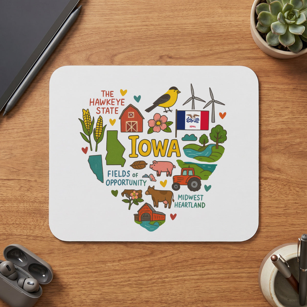 Heart-shaped Iowa design with farm elements, state flag, and text.