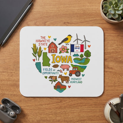 Heart-shaped Iowa design with farm elements, state flag, and text.