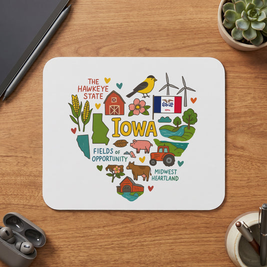 Heart-shaped Iowa design with farm elements, state flag, and text.