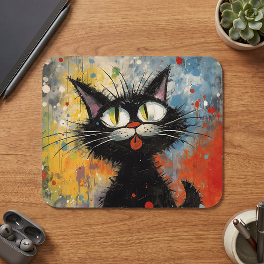 A rectangular mousepad featuring an expressive black cat illustration against a colorful, splattered background.