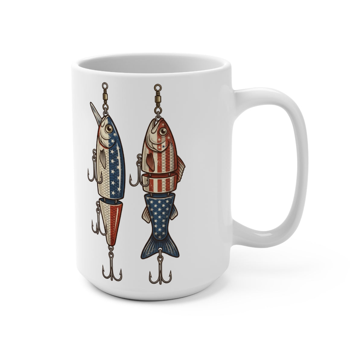 White mug with two American flag patterned fishing lures and treble hooks.