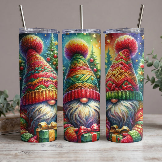 Three Christmas gnomes with colorful hats and gifts, surrounded by festive trees and snow.