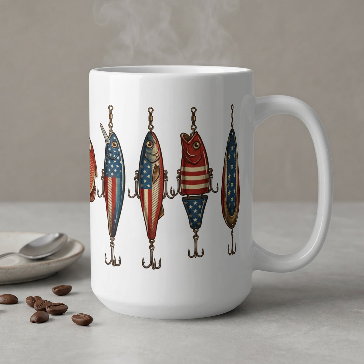 White mug with fishing lures designed with American flag patterns.