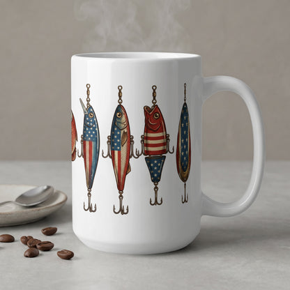 White mug with fishing lures designed with American flag patterns.