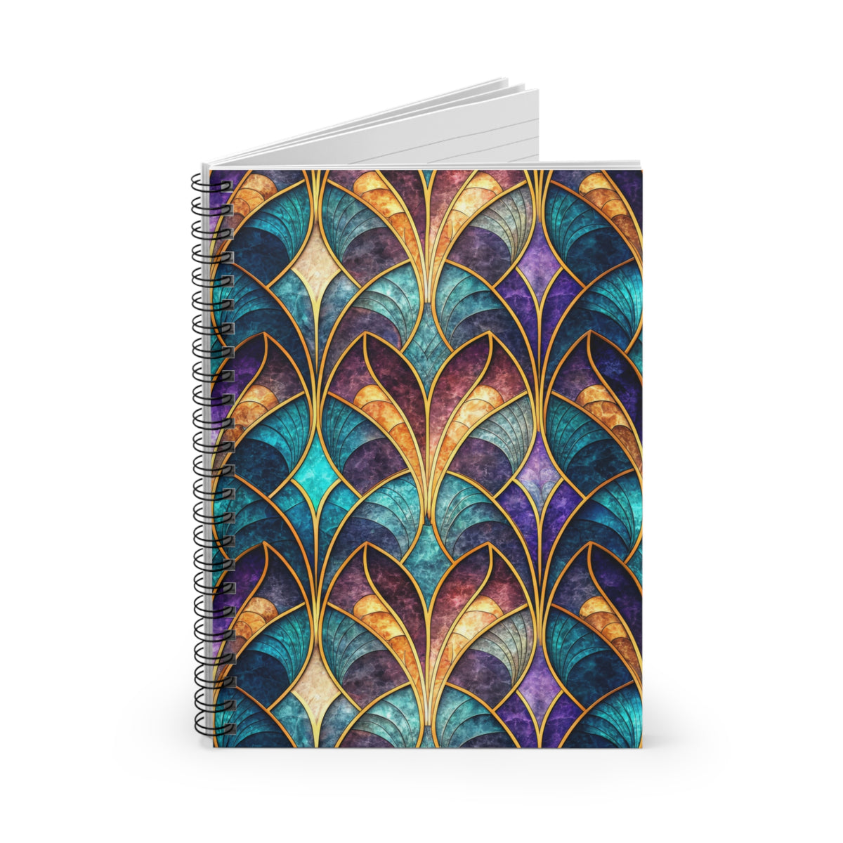 Spiral-bound notebook with a stained-glass-inspired art nouveau pattern.