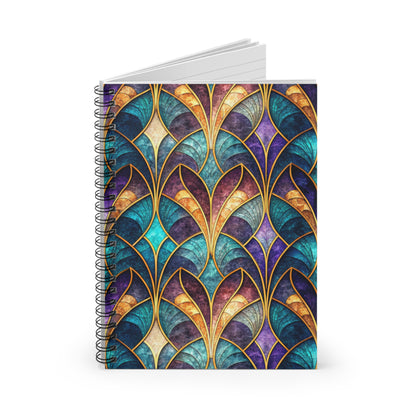 Spiral-bound notebook with a stained-glass-inspired art nouveau pattern.