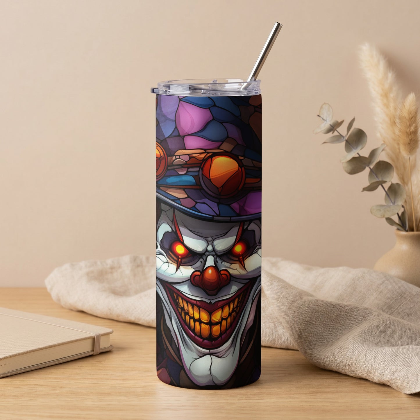 Tall tumbler featuring a creepy clown design with red eyes and wide smile.
