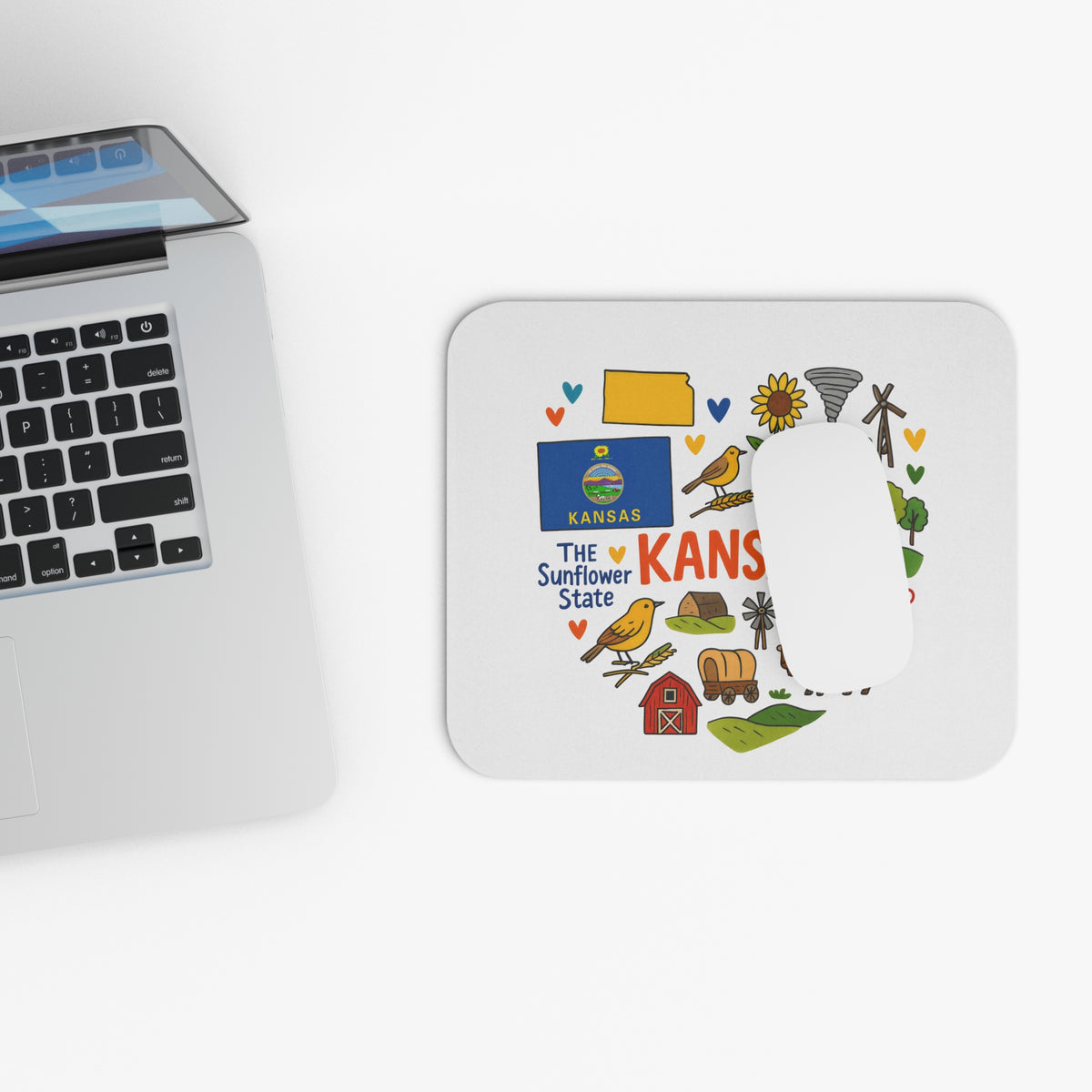 Mousepad with Kansas flag, map, and state icons.