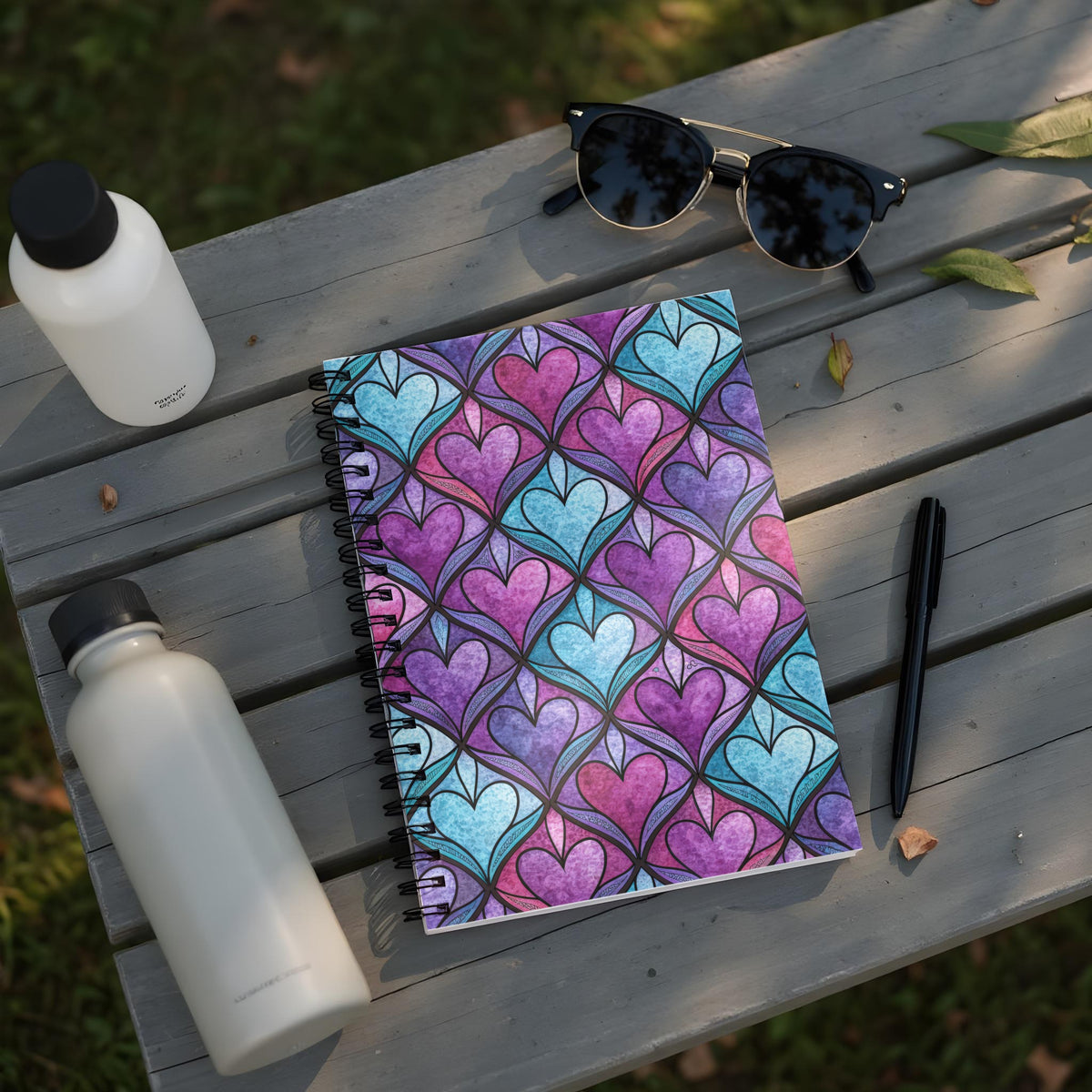 Notebook with stained glass heart pattern, two water bottles, sunglasses, and a pen on a wooden bench.