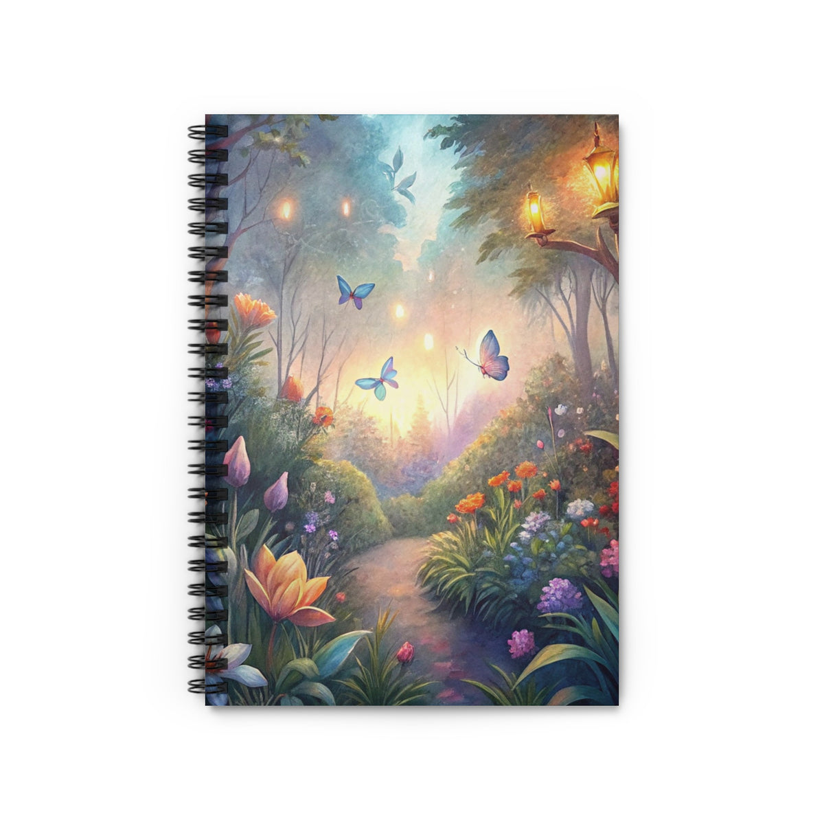 Spiral bound notebook with a whimsical garden path, butterflies, and glowing lanterns.