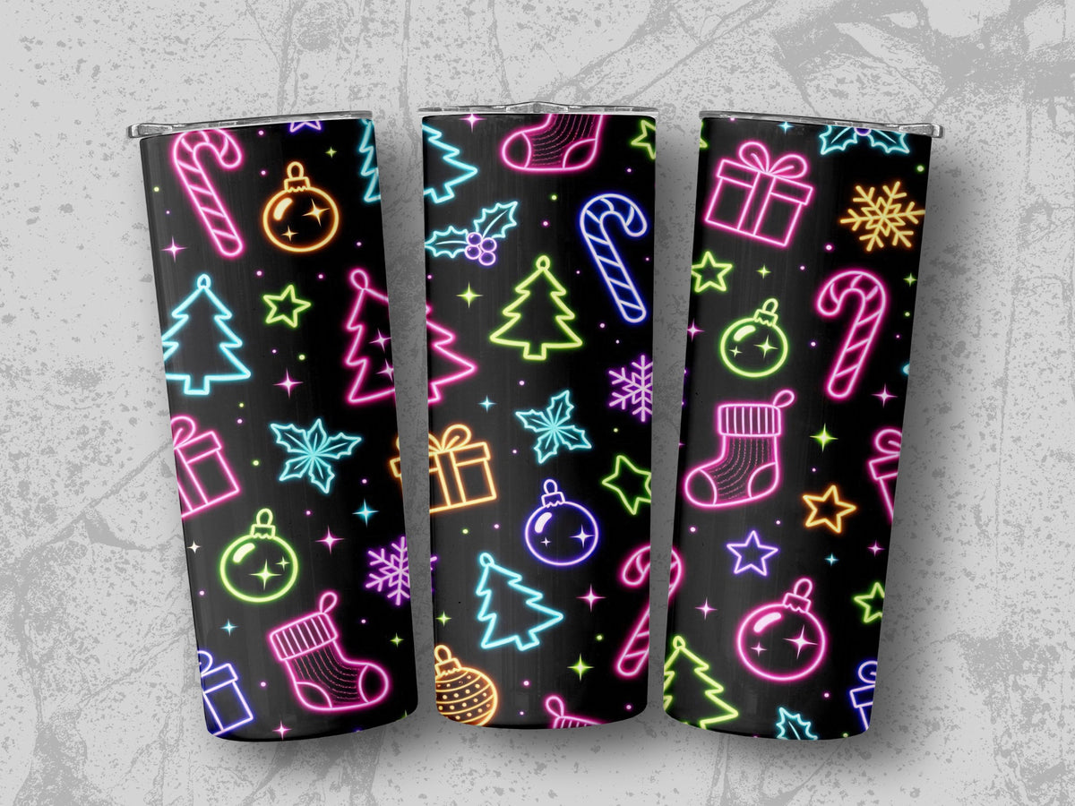 Three tumblers with a neon Christmas pattern of gifts, trees, stockings, and candy canes.