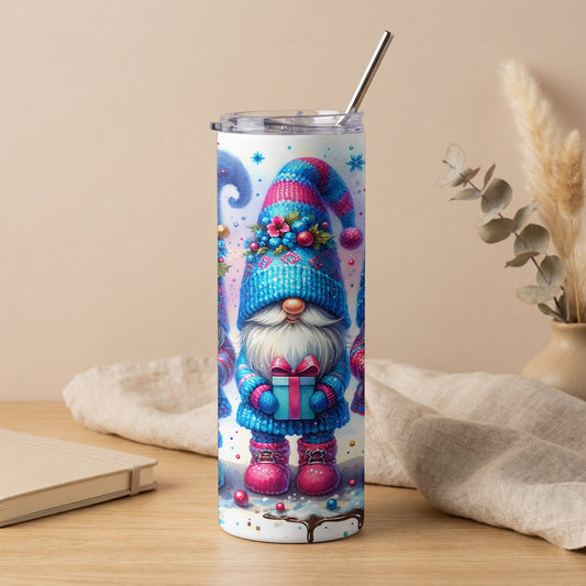 White tumbler with a watercolor design of a gnome holding a gift.