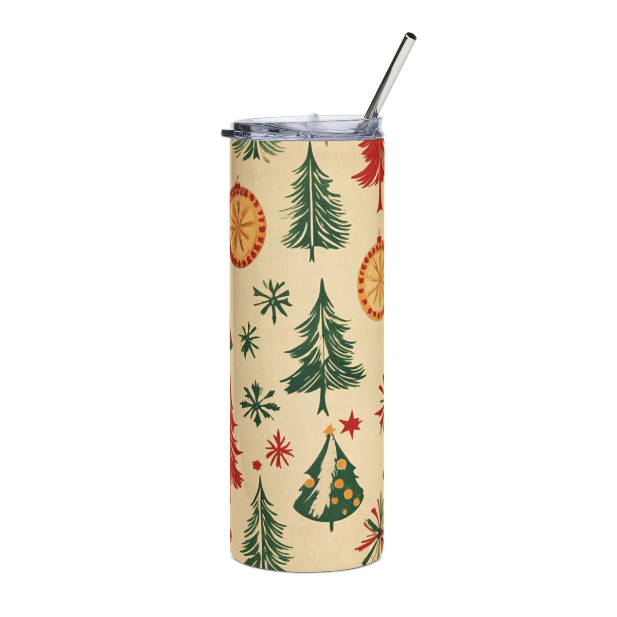 Tumbler with festive Christmas tree and ornament pattern and silver straw.