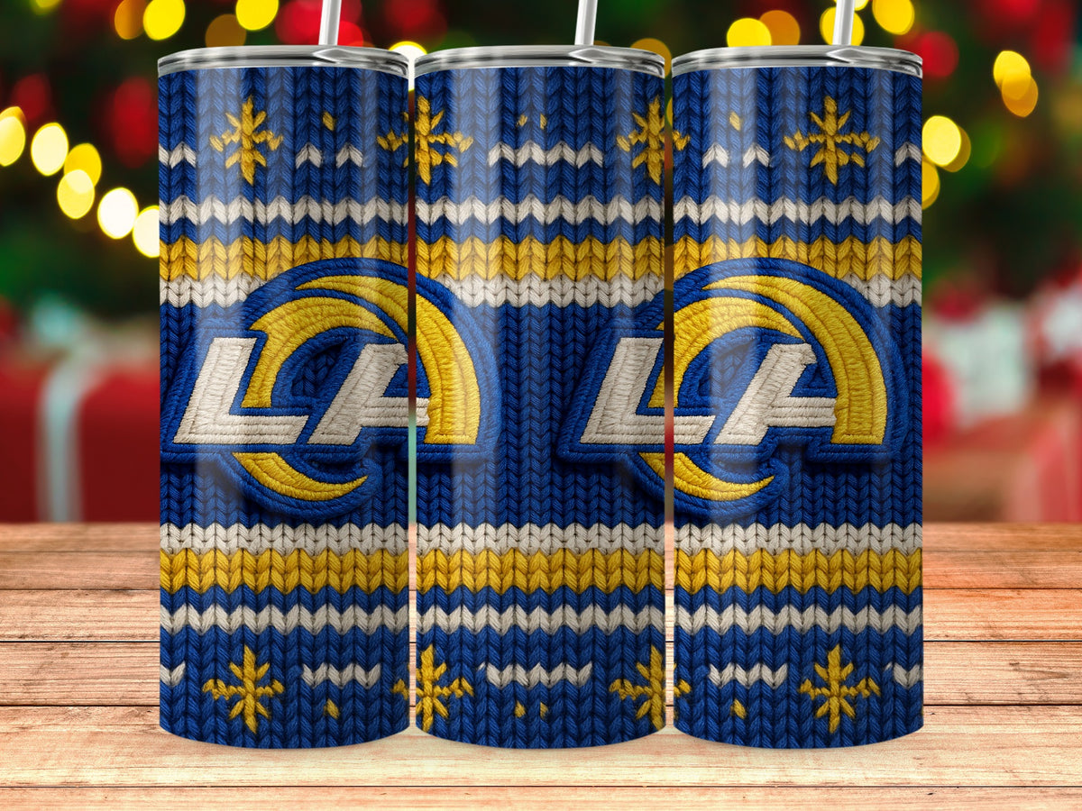 Three tumblers with the Los Angeles Rams logo on a blue knit pattern.