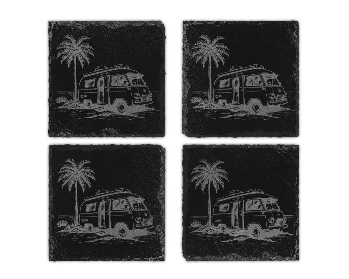 Set of four slate coasters with engraved retro camper vans and palm trees.