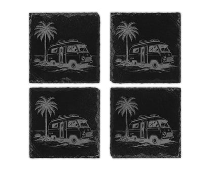 Set of four slate coasters with engraved retro camper vans and palm trees.