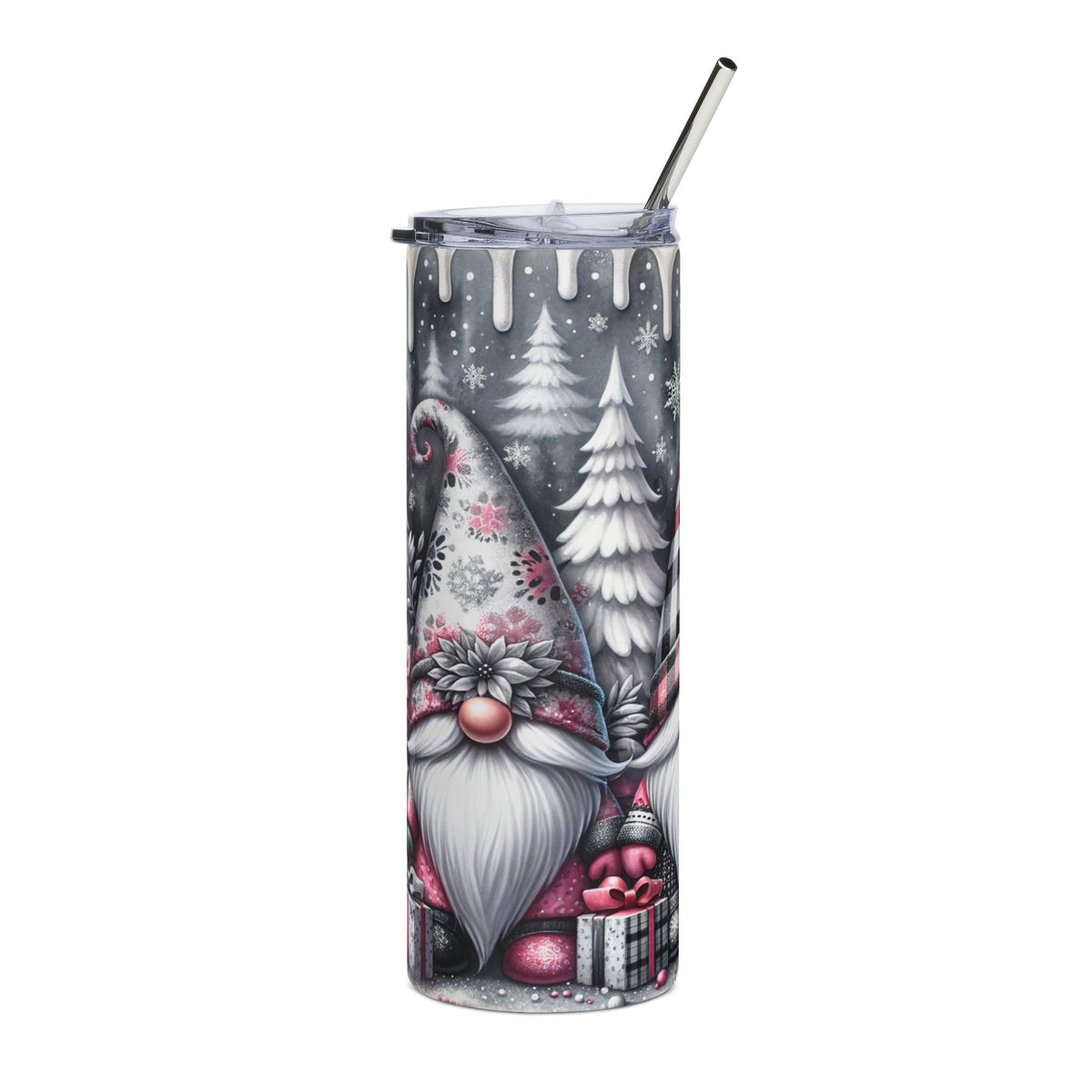 Tumbler with gnome, trees, snowflakes, and gifts design with a straw.