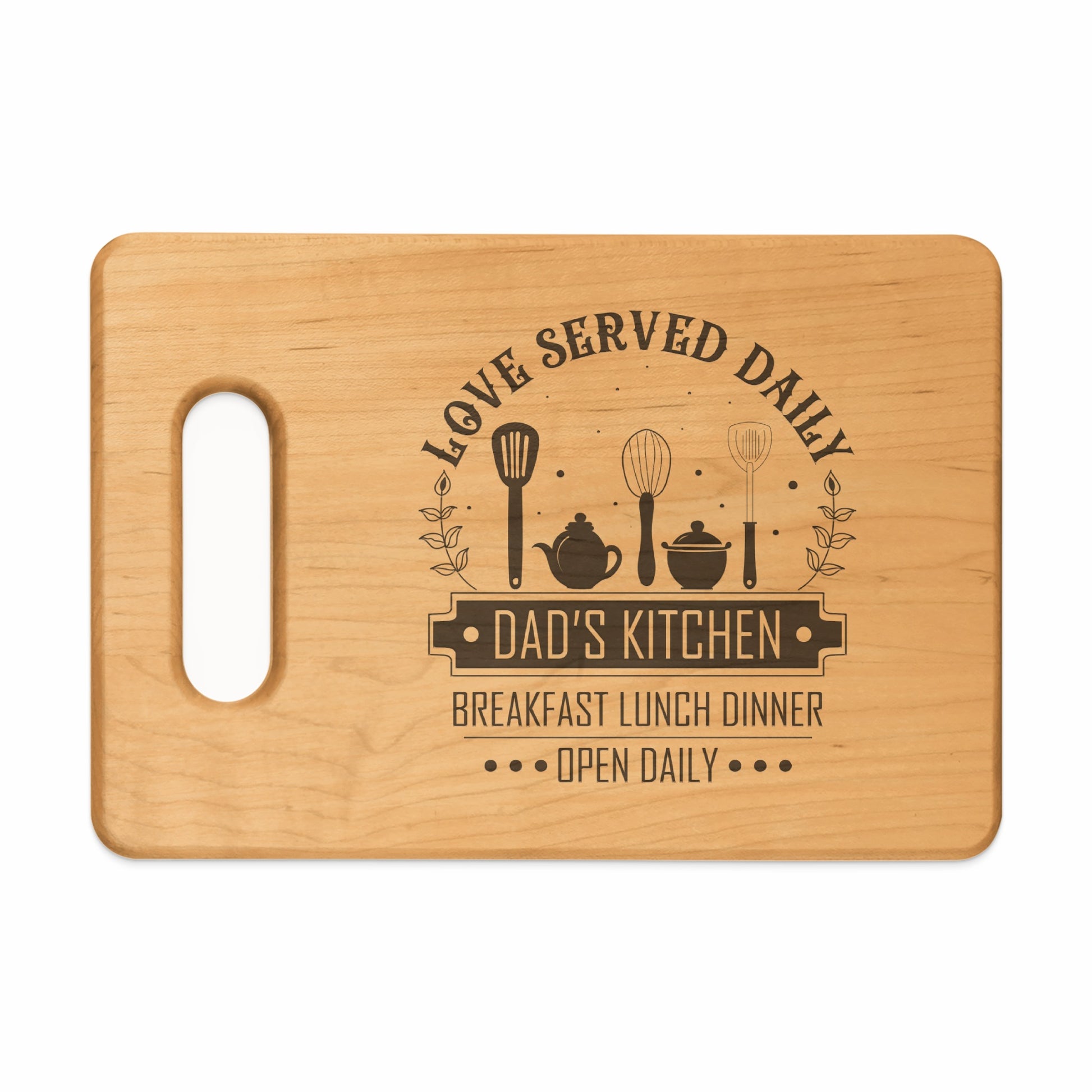 Wooden cutting board with "Dad's Kitchen" text, kitchen utensils, and meal times.