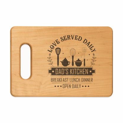 Wooden cutting board with "Dad's Kitchen" text, kitchen utensils, and meal times.