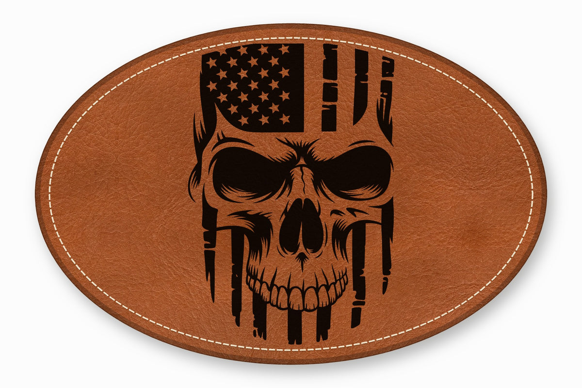 An oval brown leather patch featuring a black laser-engraved design of a skull overlaid with an American flag.