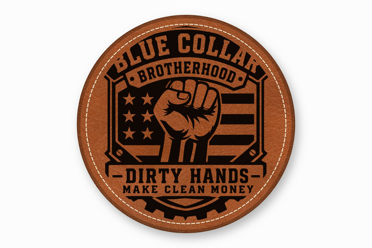 Round brown leather patch with a raised black border, a raised fist, American flag elements, and text.
