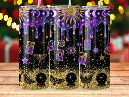 Three tumblers with celestial and tarot designs, including sun, moon, stars, and cards.